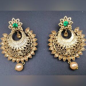 New Gold plated dangle earrings with emerald, champagne color stones & pearl